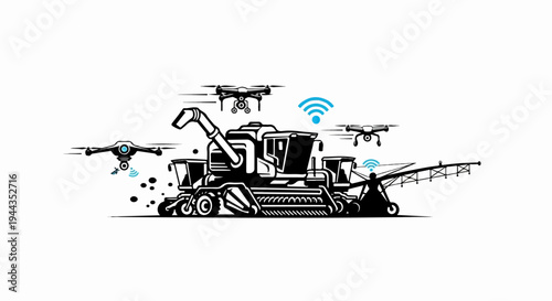 Agricultural machinery and drones connected via wireless technology