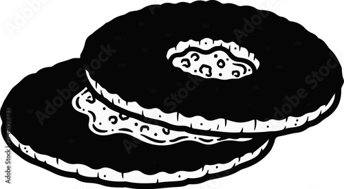 Black and white illustration of two sandwich cookies with cream filling