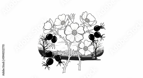 Black and white illustration of wild roses and rose hips on a winter landscape