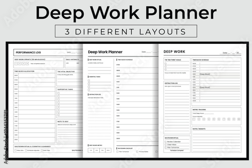 Deep Work Planner Vector Illustration, Printable High Focus Productivity Organizer, Time Blocking and Concentration Strategy Interior Template