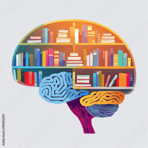 A vibrant flat design vector illustration of a human brain creatively depicted as a library filled with colorful bookshelves and books, symbolizing knowledge and learning.