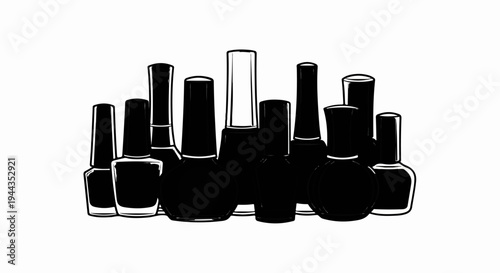 Array of dark glass bottles with varying shapes and sizes, standing together