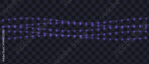 Three decorative rows of vibrant purple glowing lights float horizontally against a dark transparent checkerboard