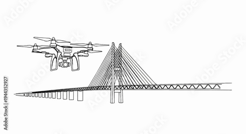 Aerial drone observes a modern cable-stayed bridge with a long approach