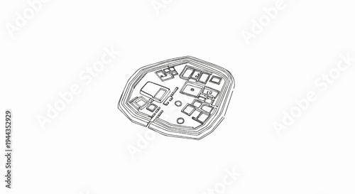 Aerial sketch of an ancient fortified settlement with inner structures