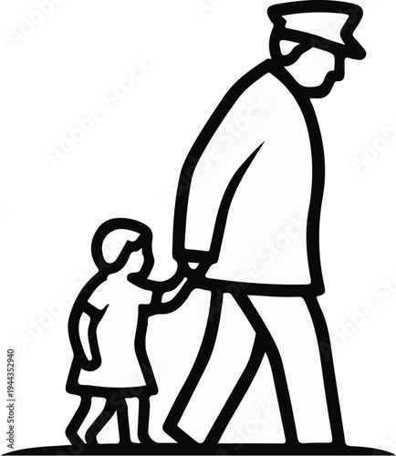Adult with hat and child holding hands walking