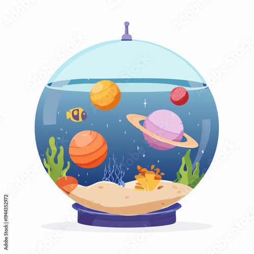 A whimsical vector illustration of a glass globe aquarium where planets float like fish, surrounded by seaweed and sand, with a small fish swimming nearby, creating a surreal and dreamy scene.