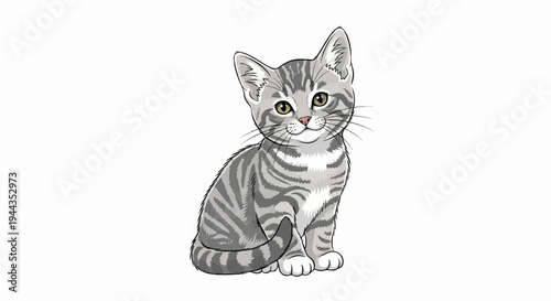 Adorable tabby kitten sits attentively with wide eyes and striped fur
