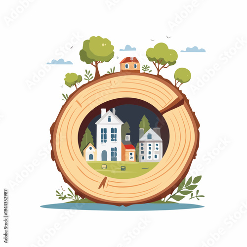 A vibrant vector illustration of a tiny city built inside a hollow tree trunk, featuring miniature houses and trees in a whimsical flat design, perfect for eco-friendly and fantasy concepts.