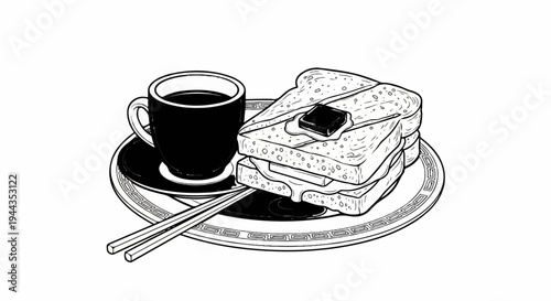 Black and white line drawing of a breakfast tray with coffee, toast, butter, and chopsticks