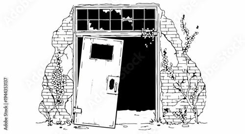 An open, damaged door reveals darkness within a crumbling brick structure