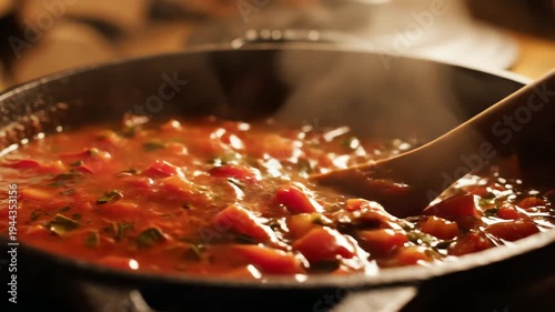 Close up of simmering tomato sauce in a pan with selective focus