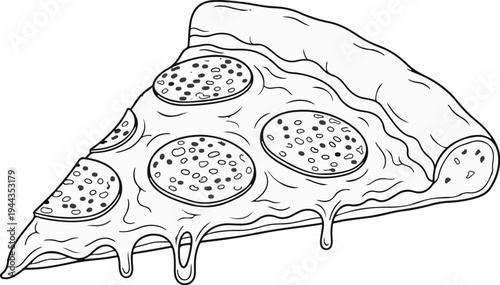 Black and white line drawing of a cheesy pepperoni pizza slice with dripping cheese