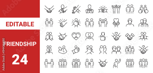 Friendship icon set. Editable line icons.Friendship web icons in line style. Interaction, friend, relationship, mutual assistance, social responsibility, buddy,