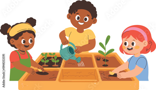 Diverse children planting and watering seedlings in a garden bed stock illustration