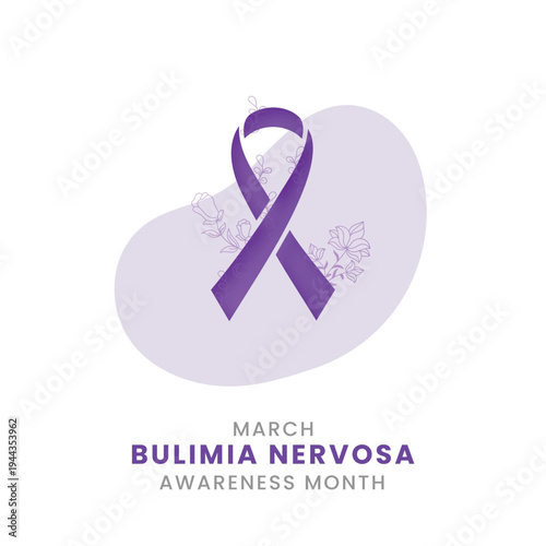A clean vector illustration for Bulimia Nervosa Awareness Month in March, showcasing a periwinkle ribbon, elegant floral line drawings, and soft abstract shapes for health campaigns.
