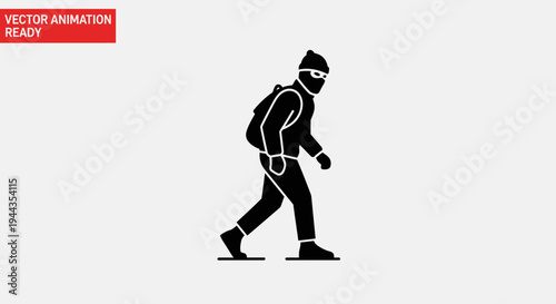 Burglar Icon Silhouette Walking with Backpack, Vector Animation Ready