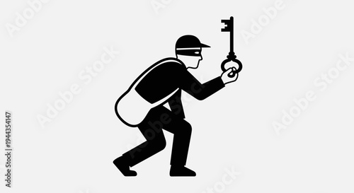 Burglar with Key Icon, Stealthy Thief Silhouette, Crime and Security Concept