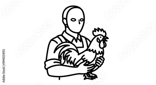Butcher Holding Rooster, Minimalist Line Art, Farm Fresh Poultry Concept