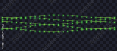 Three elegant strings of radiant green lights gently illuminate a dark checkered background