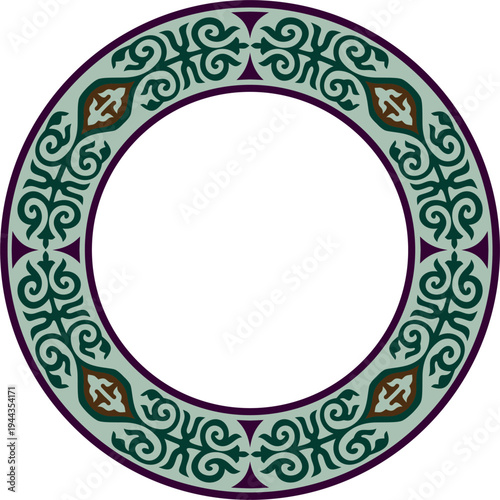 Kazakh national round colored frame ornament. Ethnic pattern. The circle ring reflects nomadic culture. Suitable for design and textiles.
