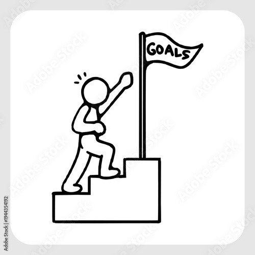 Business Professional Climbing Stairs to Reach Flag Goal Illustration in Minimalist Black Line Art for Success and Achievement Themes.
