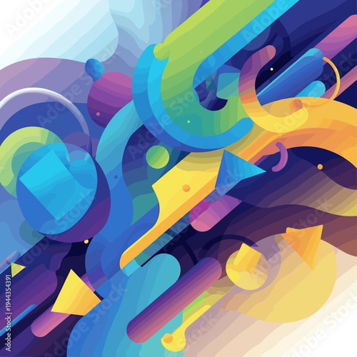 A vibrant and dynamic abstract digital illustration featuring an array of colorful geometric shapes and flowing lines, creating a modern and energetic composition.