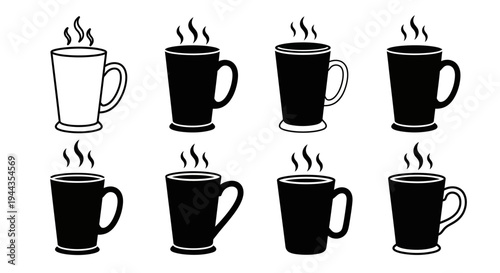 eight tall mugs for hot drinks like coffee or tea in silhouette and outline styles with steam