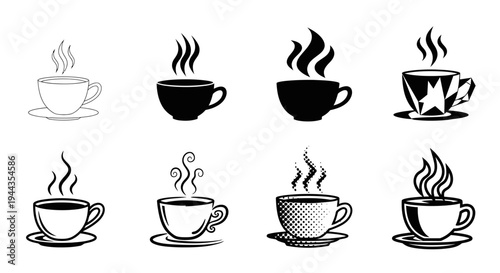 eight coffee cups on saucers with steam in various artistic styles including silhouette outline halftone and geometric patterns