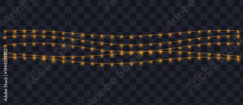 Three parallel strings of glowing orange yellow fairy lights illuminate a dark checkered background