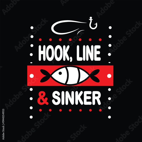 Stylized fishing theme includes a hook, line, and sinker on a black background