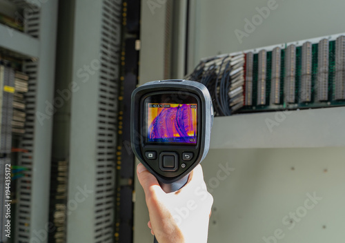 Fotografia Thermal camera supports predictive maintenance inside an electrical control cabinet, revealing heat anomalies in cable bundles to improve safety, reliability, and diagnosis