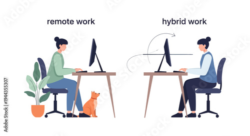 Remote Work vs Hybrid Work Illustration - Flexible Employment & Future Office Models