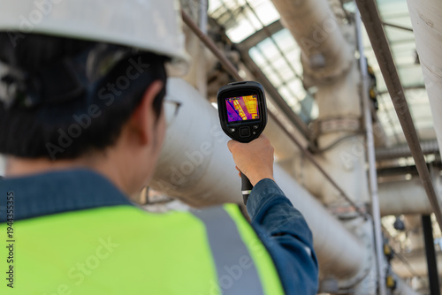 Fotografie Engineer uses a thermal camera for predictive maintenance on elevated industrial equipment, detecting heat anomalies early to improve safety, reliability, inspection accuracy, and uptime
