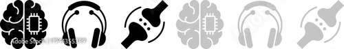 Black and white icons of brain, headphones, microphone, and sound waves on white background