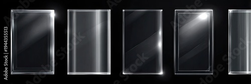 Five rectangular transparent panels with various internal lighting and reflections against a black backdrop