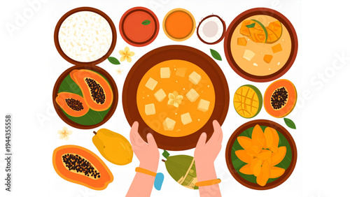 Papaya Dessert and Fresh Fruit Flat Vector Illustration Set