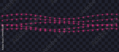 Three vibrant strands of glowing pink string lights provide illumination on a dark transparent canvas