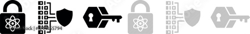Black and white vector icons of padlocks, keys, and digital security symbols for privacy and protection concepts.