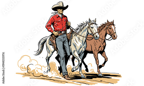 Western legend. Wild west lifestyle artwork. Cowboy rider on horse design for t-shirt print, poster, sticker, vector illustration.