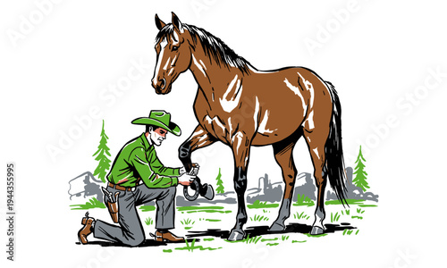 Western legacy art. Classic cowboy farrier graphic print. Traditional equestrian life. Rural frontier spirit. Vintage style ranch artwork.