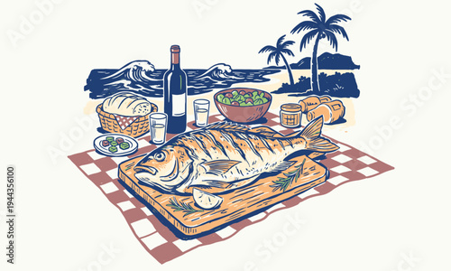 Coastal Dining Club. Summer seaside feast artwork. Fresh fish, wine, and tropical vacation vibes. Hand-drawn vintage food picnic illustration.
