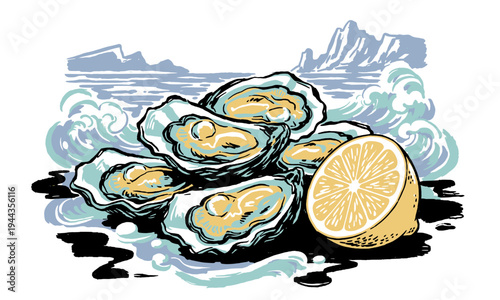 Fresh oyster club artwork. Sea food and lemon vintage print design. Coastal culinary vibe. Seafood lovers graphic illustration.