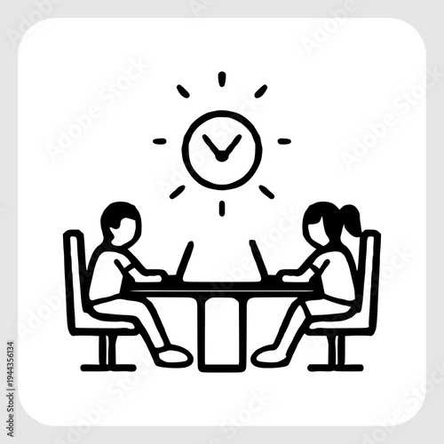 Business Professionals Working Together in Office Meeting Illustration with Minimalist Black Line Art Style for Corporate Design.