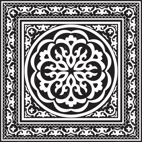 Black monochrome square border. Tatar national ornament. Round ethnic pattern of the Turkic peoples. Asian frame, ring, rectangle.