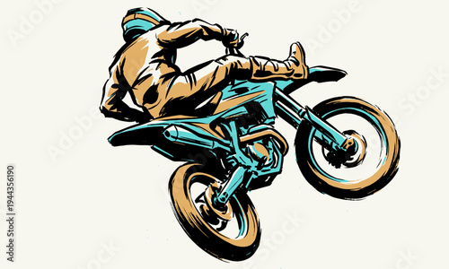 Master of Dirt. Extreme motocross action graphic for t-shirt design, poster, sticker. Off-road racing club. Adrenaline rush adventure.