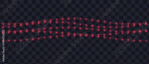 Three wavy horizontal lines of intense red glowing string lights illuminate a dark