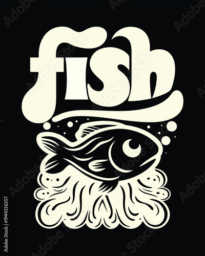 Bold whimsical fish shows swimming in water with the fish word graphic