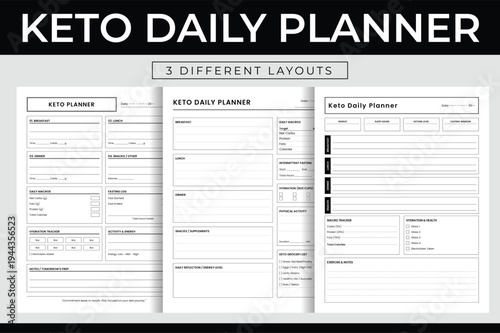 Keto Daily Planner Bundle Printable Vector Illustration Diet Food Logbook Macros Tracker Meal Plan Hydration Weight Loss Notebook Design Template