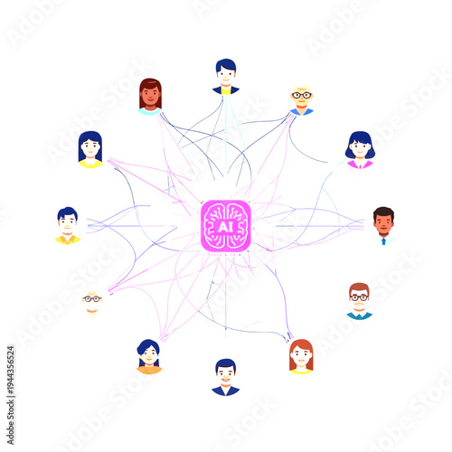 Central AI brain icon linking diverse user avatars in a digital network, representing artificial intelligence, communication, and social connection.